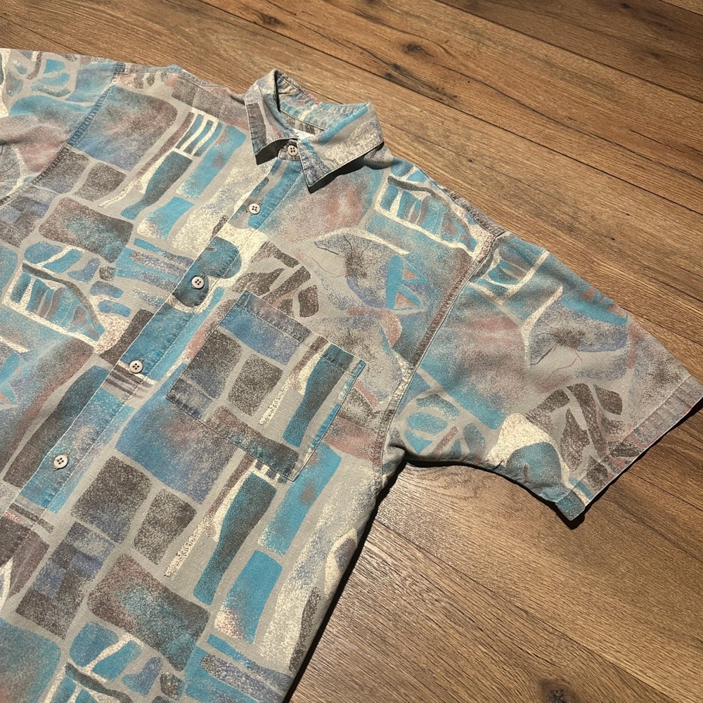 Vintage Body Glove Blue Abstract Geometric Short Sleeve Button Up Mens Medium